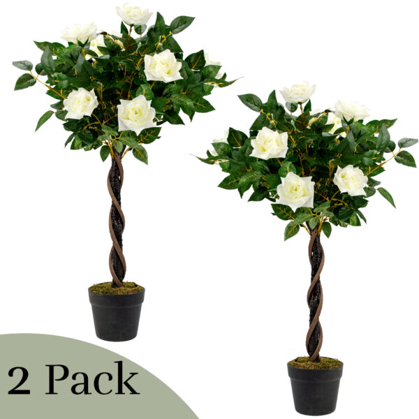 Artificial Lifelike - Pair of Outdoor Rose Trees - 90cm High